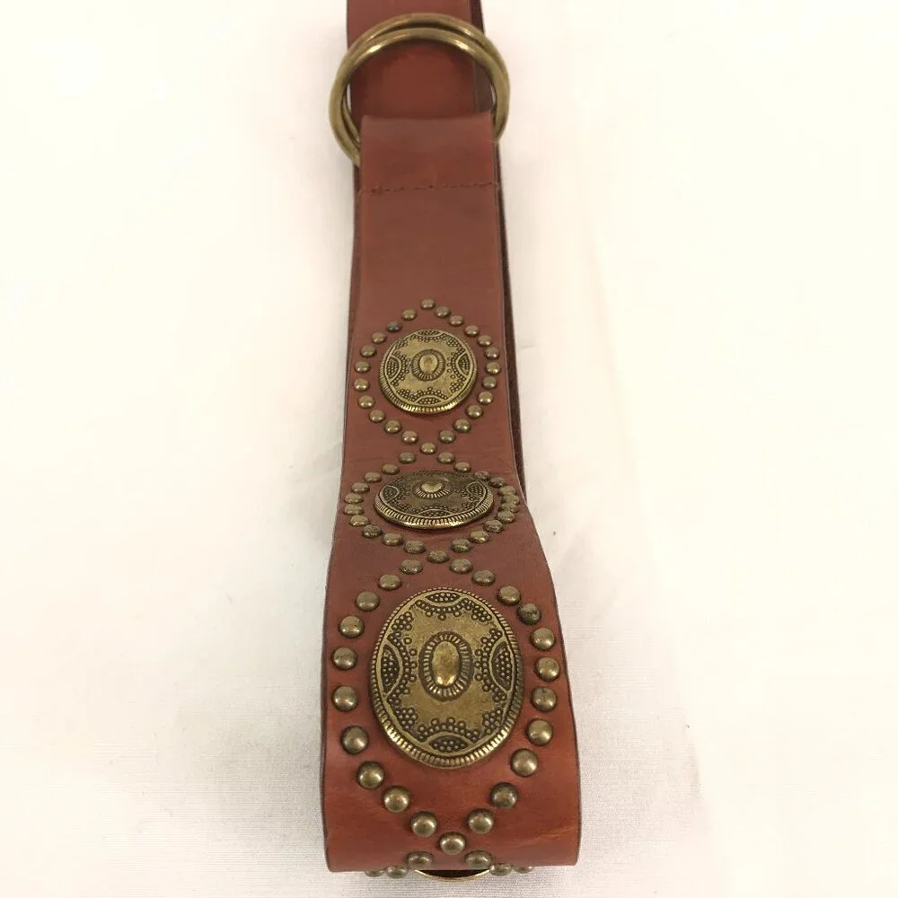 Brown Genuine Leather Belt With Gold Tone Emblems And Studs Size Small